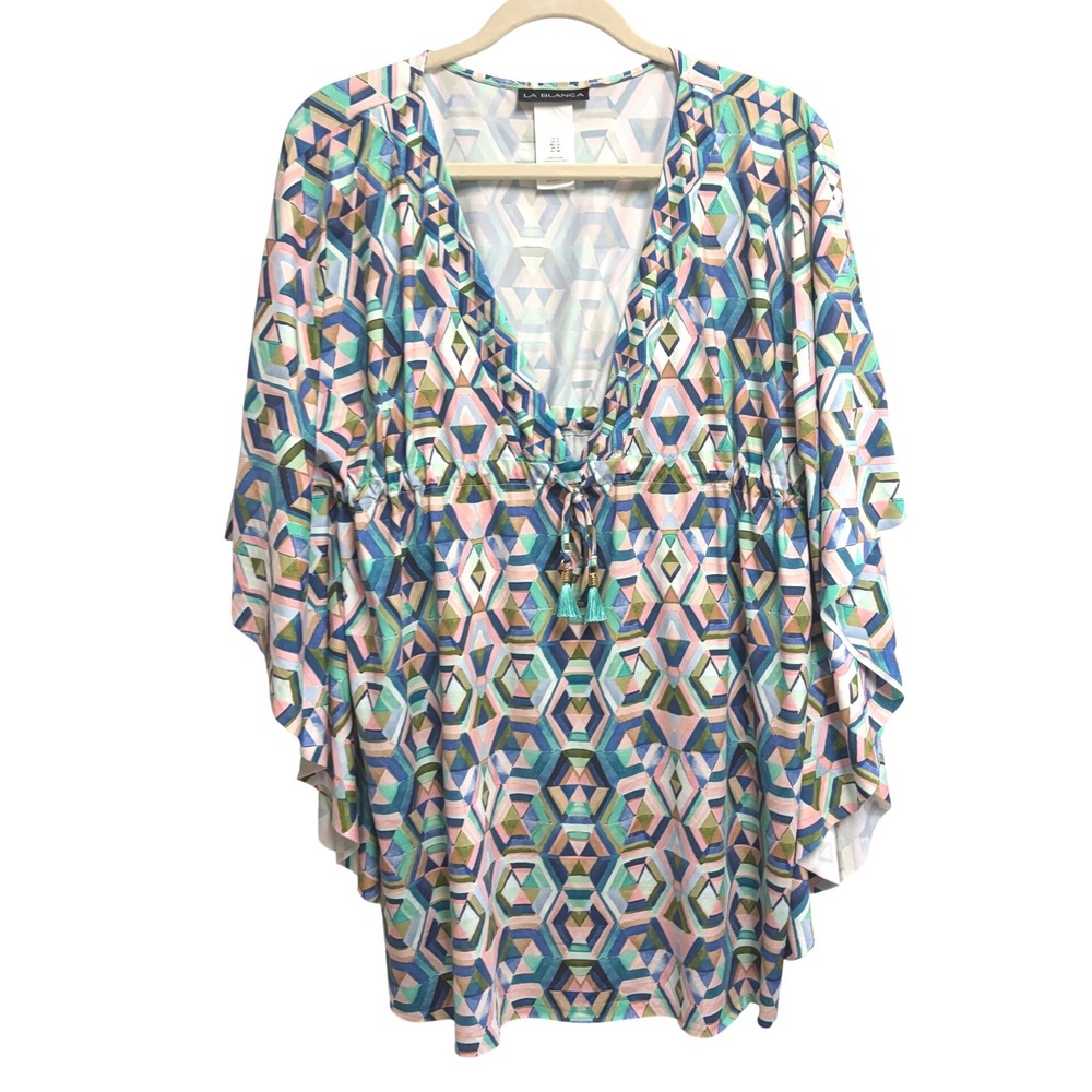 La Blanca Geometric Print Resort Blue Pink Cover Up Drawstring Tassel Small